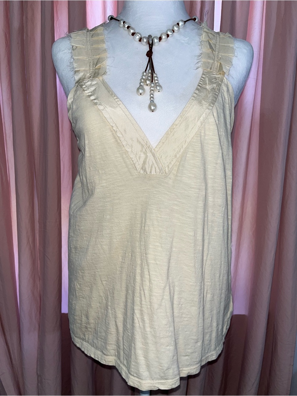 Women's Cream V-Neck Silk Ruffle Strap Tank Top